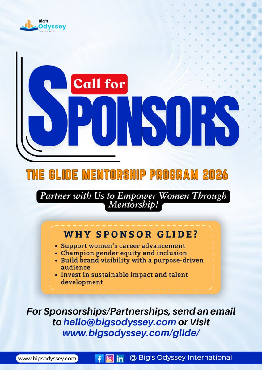 bigsodyssey's tweet image. Call for Applications!

The GLIDE Mentorship Program 2026 is now accepting applications.

Applications are reviewed on a rolling basis.

Apply Now: bigsodyssey.com/glide/ 

#GLIDE #WomenInLeadership #BigsOdyssey