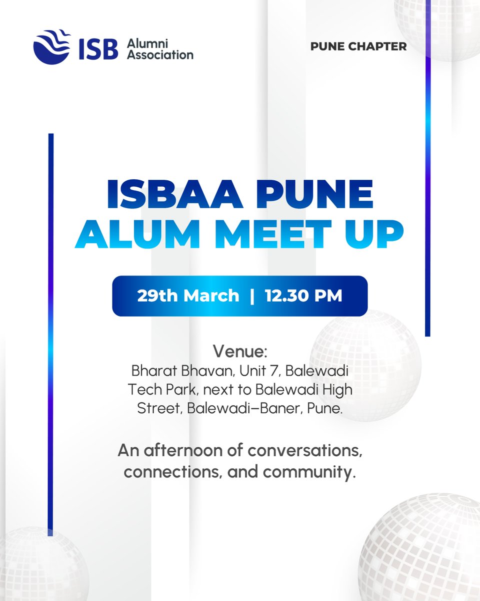 TheISBAlumni's tweet image. ISBAA Pune Alum Meet Up

Join us on 29th March at 12:30 PM for an engaging alumni gathering at Bharat Bhavan, Unit 7, Balewadi Tech Park, next to Balewadi High Street, Balewadi–Baner, Pune.

#ISBAAPune #ISBAlumni #PuneChapter #AlumniMeet #CommunityConnect #ISBAA