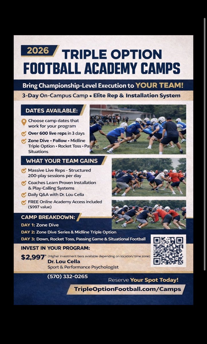 DrLouCella's tweet image. Host a 3-Day Triple Option Football Academy Camp w/ Dr. Lou Cella in 2026! 600+ live reps, elite install, play-calling system + FREE Online Academy access. Transform your program. Only $2997* Book now! 📞(570) 332-0265 TripleOptionFootball.com/Camps #TripleOption