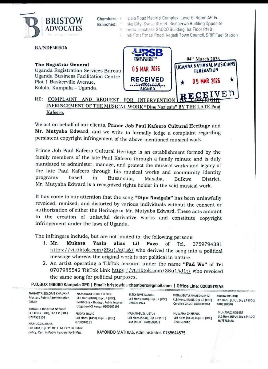 PrinceJobPaulK's tweet photo. Our lawyers of M/s Bristow Advocates have today lodged a complaint to @URSBHQ for copyright infringement against the many artists who have derivate the #DipoNazigala song, among the perpetrators are #Lilpazo_Lunabe By copy is the CID Kampala CPS @PoliceUg @unmfederationug. https://t.co/xfGFbpuy9F