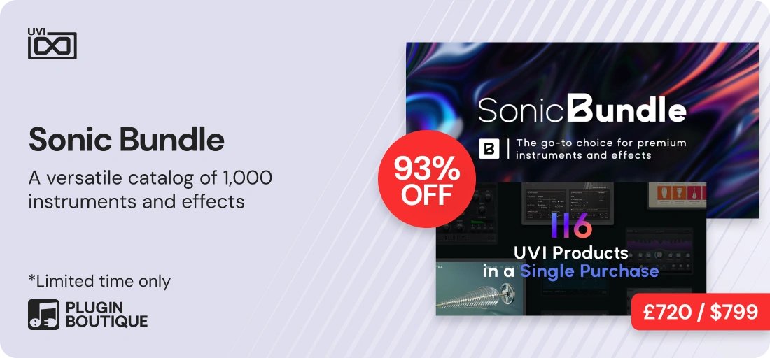 【UVI Sonic Bundle Sale】
세일 기간: 3월 31일까지
할인율: 93% 할인
🌌 UVI Sonic Bundle: 음악 제작의 가능성을 무한히 확장합니다.
UVI Sonic Bundle은 업계에서 높이 평가받는 혁신적인 음악 제작 도구를 아우르는 압도적인 컬렉션입니다. 강력한 신디사이저, 최첨단 이펙트, 사운드 FX 및 폴리,