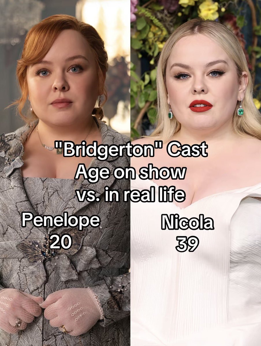 bzingers's tweet photo. A thread showcasing the Bridgerton family cast ages on the show vs. their ages in real life, alongside their real names 🙂‍↔️

1. Penelope (Nicola Coughlan) https://t.co/KhfifvYt7s