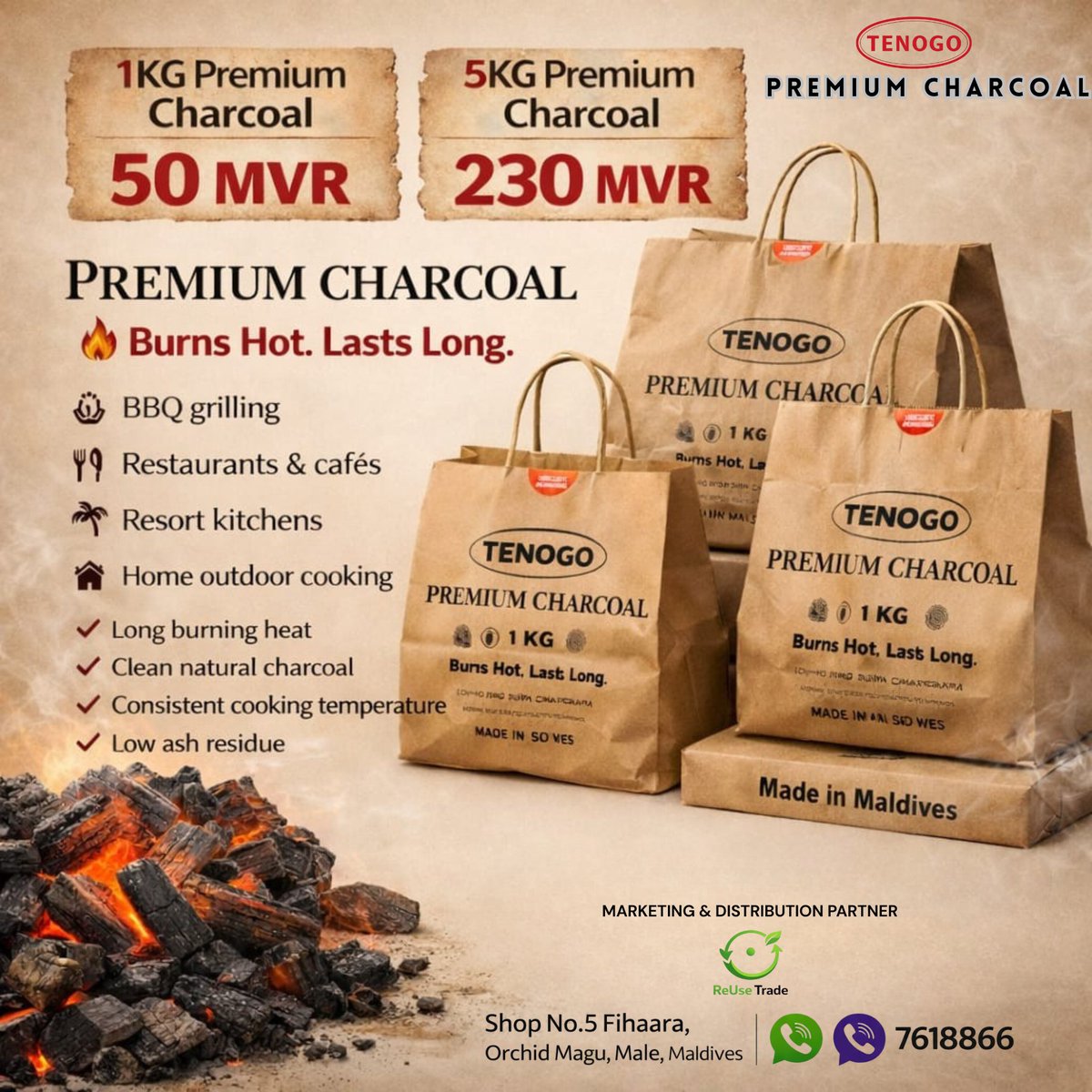 ReUse_Trade's tweet photo. 𝐓𝐄𝐍𝐎𝐆𝐎 𝐏𝐫𝐞𝐦𝐢𝐮𝐦 𝐂𝐡𝐚𝐫𝐜𝐨𝐚𝐥 – 𝐌𝐚𝐝𝐞 𝐢𝐧 𝐌𝐚𝐥𝐝𝐢𝐯𝐞𝐬.
Get the perfect fire for BBQ, cafés, restaurants, and home cooking.

✔ Burns Hot
✔ Lasts Long
✔ Clean Natural Charcoal
✔ Low Ash Residue
✔ Consistent Cooking Heat

📲 WhatsApp / Viber: 7618866 https://t.co/Xy24aZhsSX