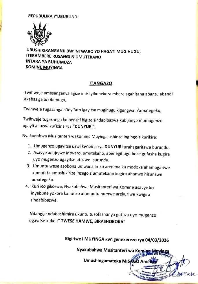 JumuiyaTv's tweet image. La pratique traditionnelle jugée dégradante connue sous le nom de « Dunyuri » a été interdite dans la commune de #Muyinga.
L’administrateur communal informe que toute personne qui enfreindra cette décision s’exposera à de lourdes sanctions.