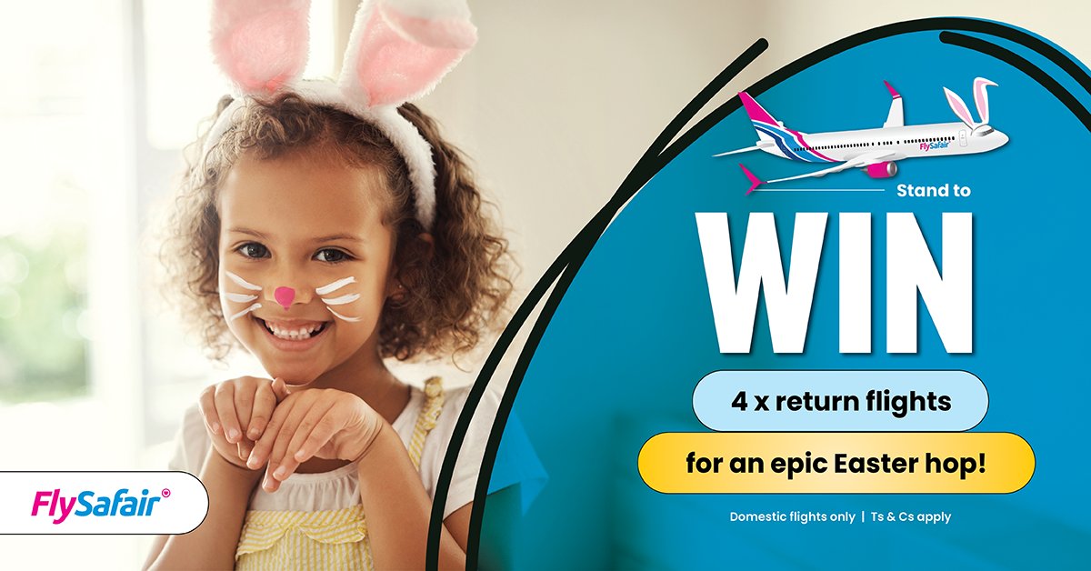FlySafair's tweet photo. It’s time to hatch those Easter holiday plans! 🐣 And if you enter before 22 March, you could be getting your flights for free. 

That’s right, we’re giving one lucky person the chance to WIN 4 x return flights so they can crack open an Easter getaway made for sharing. Four seats, one prize, and no bunny left behind! And when it’s time to take off, you’ll be flying with the most on-time airline in Africa, getting you to the good times faster. 

👉Hop to it and enter now:  https://t.co/2sQMYnsyF3

T's&C's apply