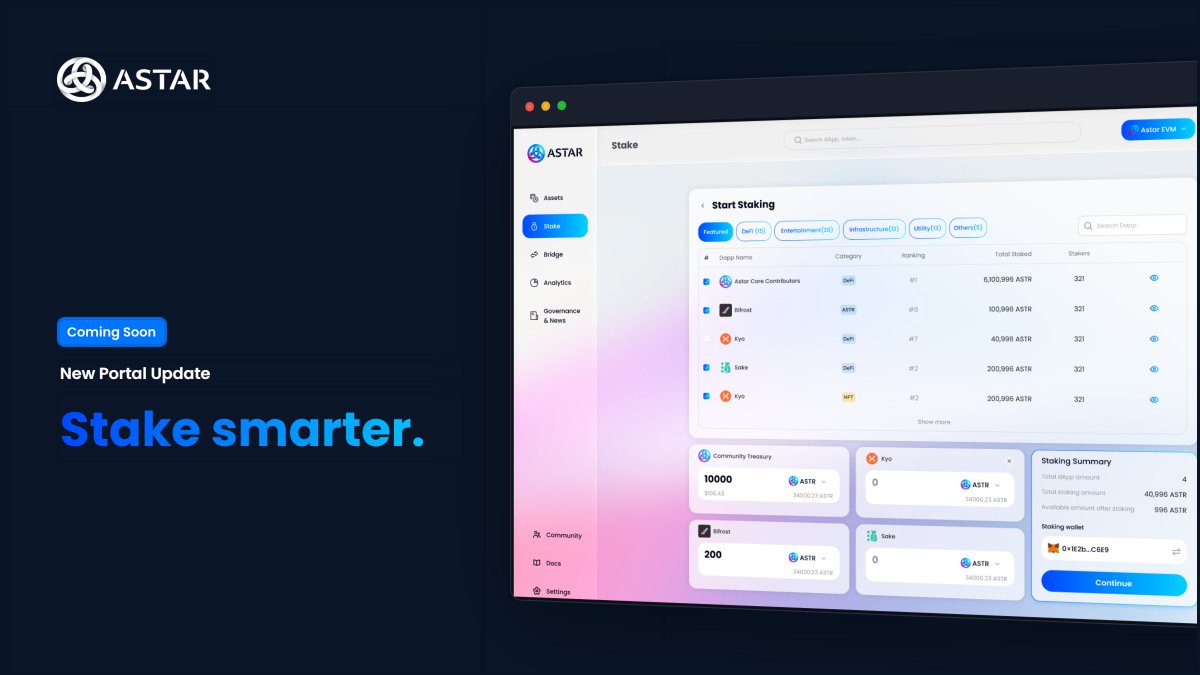 A new Astar Portal experience is on the way.

Built around the upcoming dApp Staking structure.

Simpler participation. Clearer staking flow. A defined set of supported projects.

Coming soon. 🔁