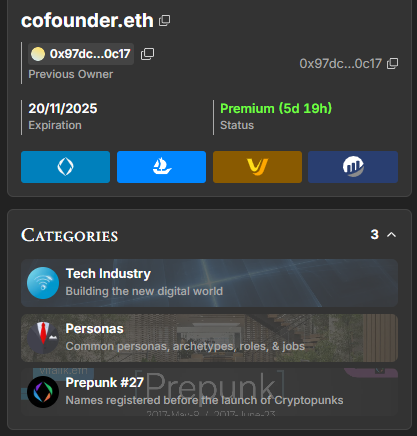 enschile's tweet photo. cofounder.eth — Prepunk #27 (UNDER 100) 🔥
 164 views / 31 watchlists 👀
Still Premium — 5d 19h left ⏳
I think it goes for $450… what’s your price? 👇 #ENS #Prepunk #Grails https://t.co/ze3ygEHbeM