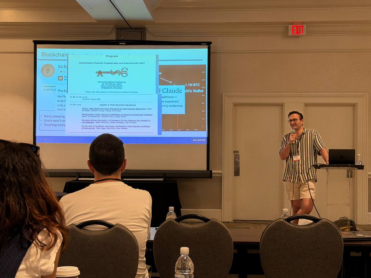 CosicBe's tweet image. COSIC researcher Mahdi Sedaghat presented Post-Quantum Readiness in EdDSA Chains at FC 2026 in St. Kitts.
#fc2026 #cryptography #fc
fc26.ifca.ai/program.html