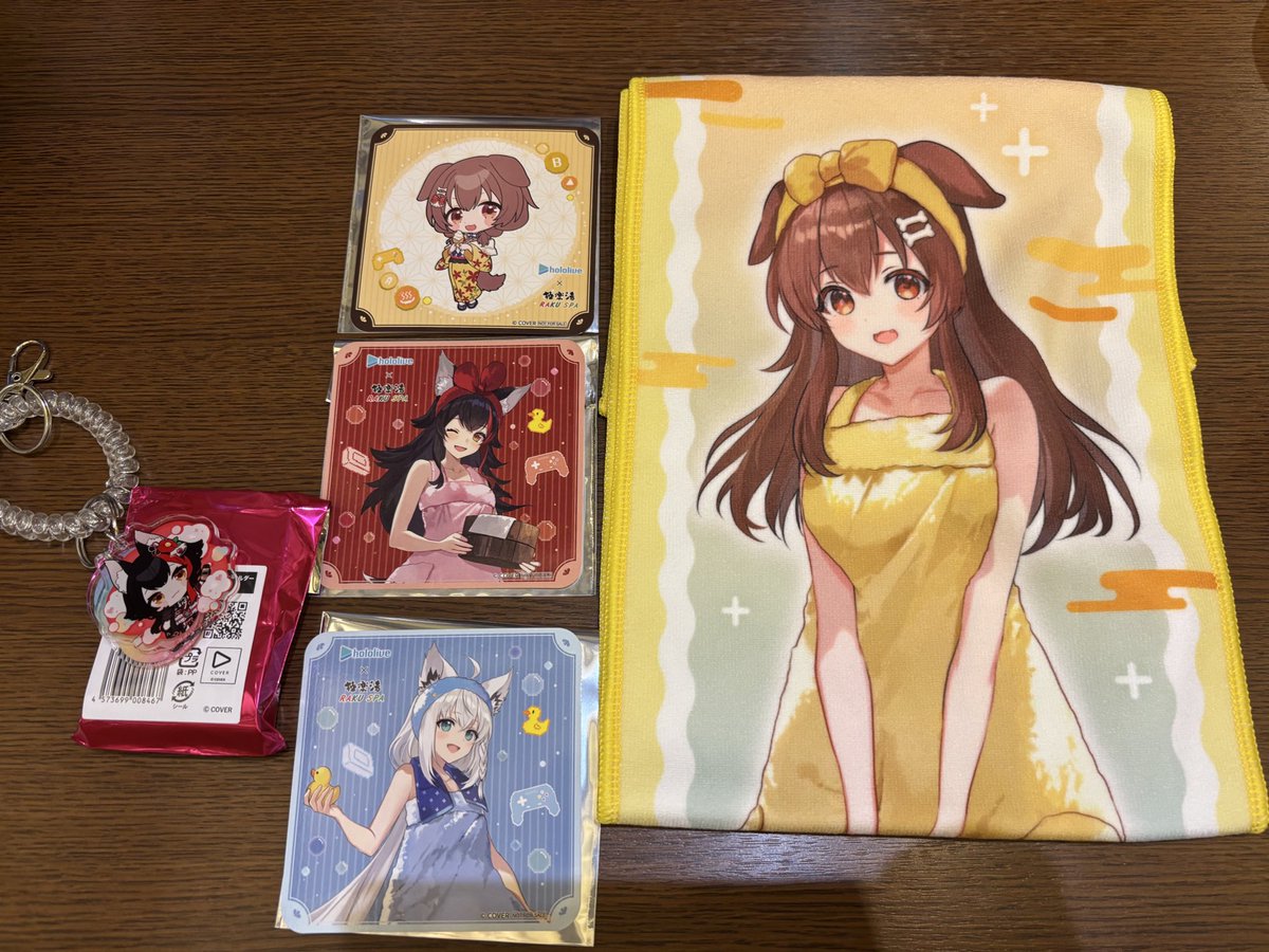 HWtiv's tweet photo. 【交換】　ホロライブ　極楽湯　フロライフ

求→おかゆ🍙
譲→ころね🥐、ミオ🌲、フブキ🌽

タオル、ロッカーキーは🍙どちらでも可
コースターは🍙浴衣のみ

ピンポイントで難しいとは思いますがお気軽にお声がけください。

現在極楽湯上尾店にいるため現地、または後日大宮での手渡し交換
↓続 https://t.co/muUACTCvFJ