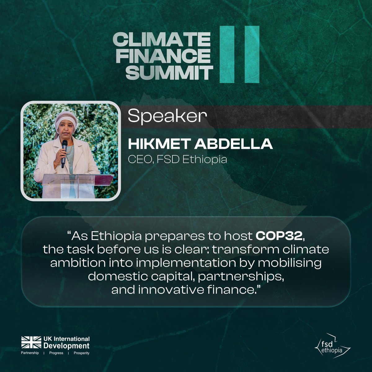 FSDEthiopia's tweet photo. Opening the Second Climate Finance Summit, FSD Ethiopia CEO Hikmet Abdella called for Ethiopia to shift from reliance on grants toward domestic capital, partnerships, and innovative finance as the country prepares for COP32. https://t.co/y2zsDl383T