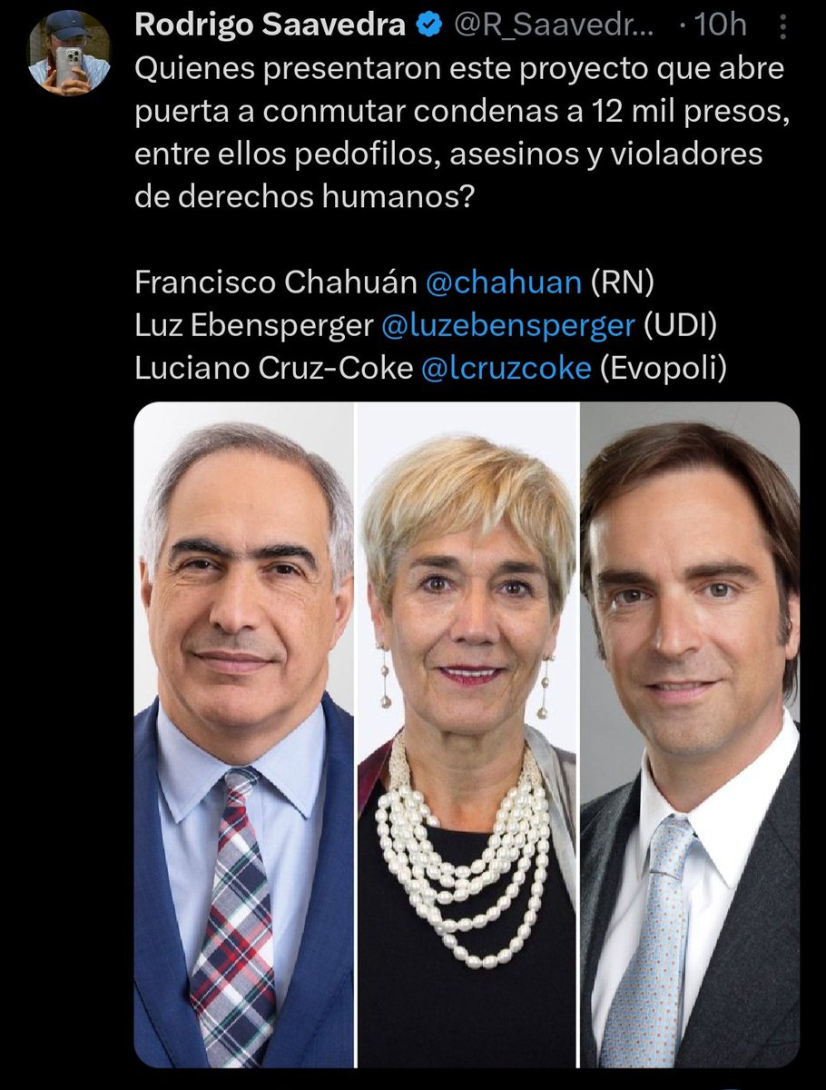 Se ADVIRTIÓ en campaña Presidencial y ahora se espantan q 23 Senadores incluido Macaya cn su voto aprueben q Violadores DDHH, padre d Macaya y otrs monstruos salgan libres y vayan tranquilos a sus casas x proyecto q Senadores d Derecha presentaron.   #DerechaMiserable #ContigoCHV
