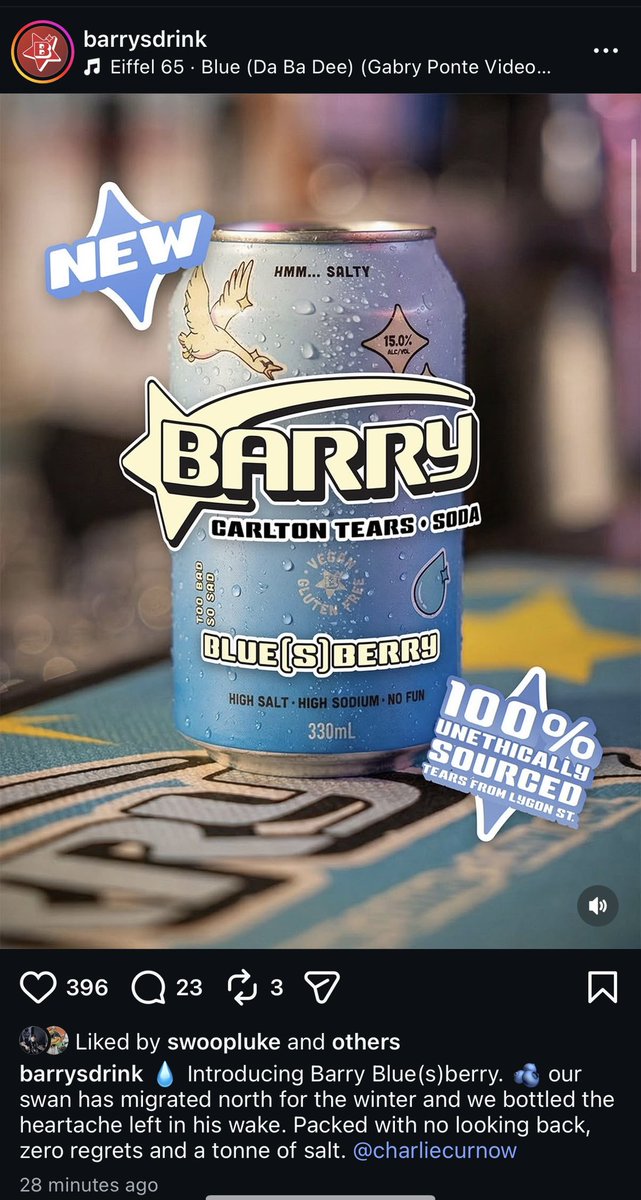 Barry’s Drink - part owned by Charlie Curnow - with a cheeky post on Instagram after Sydney’s 63 point win over Carlton. 

A new “Carlton tears soda” that is  “packed with no looking back, zero regrets and a tonne of salt”

<a href="/7AFL/">7AFL</a>