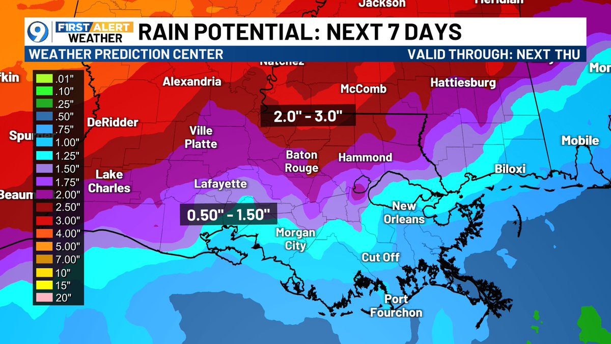 The unsettled pattern continues through this weekend, with a 70% chance of showers/storms both Saturday and Sunday. A line of strong storms could impact our area Saturday evening with a level one marginal risk of severe storms.  2-3 inches are expected in the next 7 days.