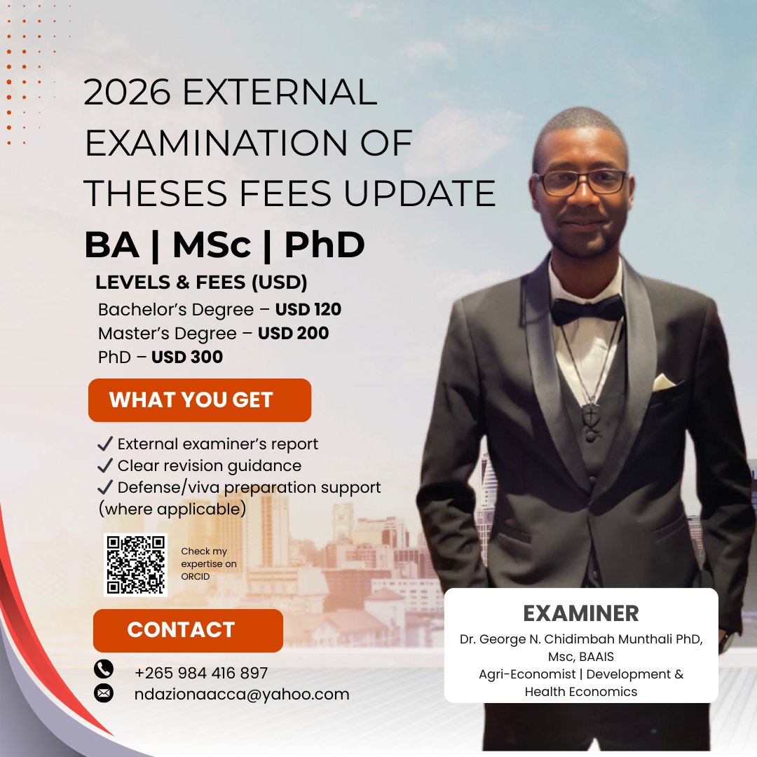 gdcmalawi's tweet photo. 🎓 2026 External Examination of Theses – Fees Update

BA | MSc | PhD
Ensure your thesis meets the highest academic standards with expert external examination, detailed revision guidance, and viva preparation support (where applicable).
Professional. Rigorous. Credible. https://t.co/XjKuDzB4YK