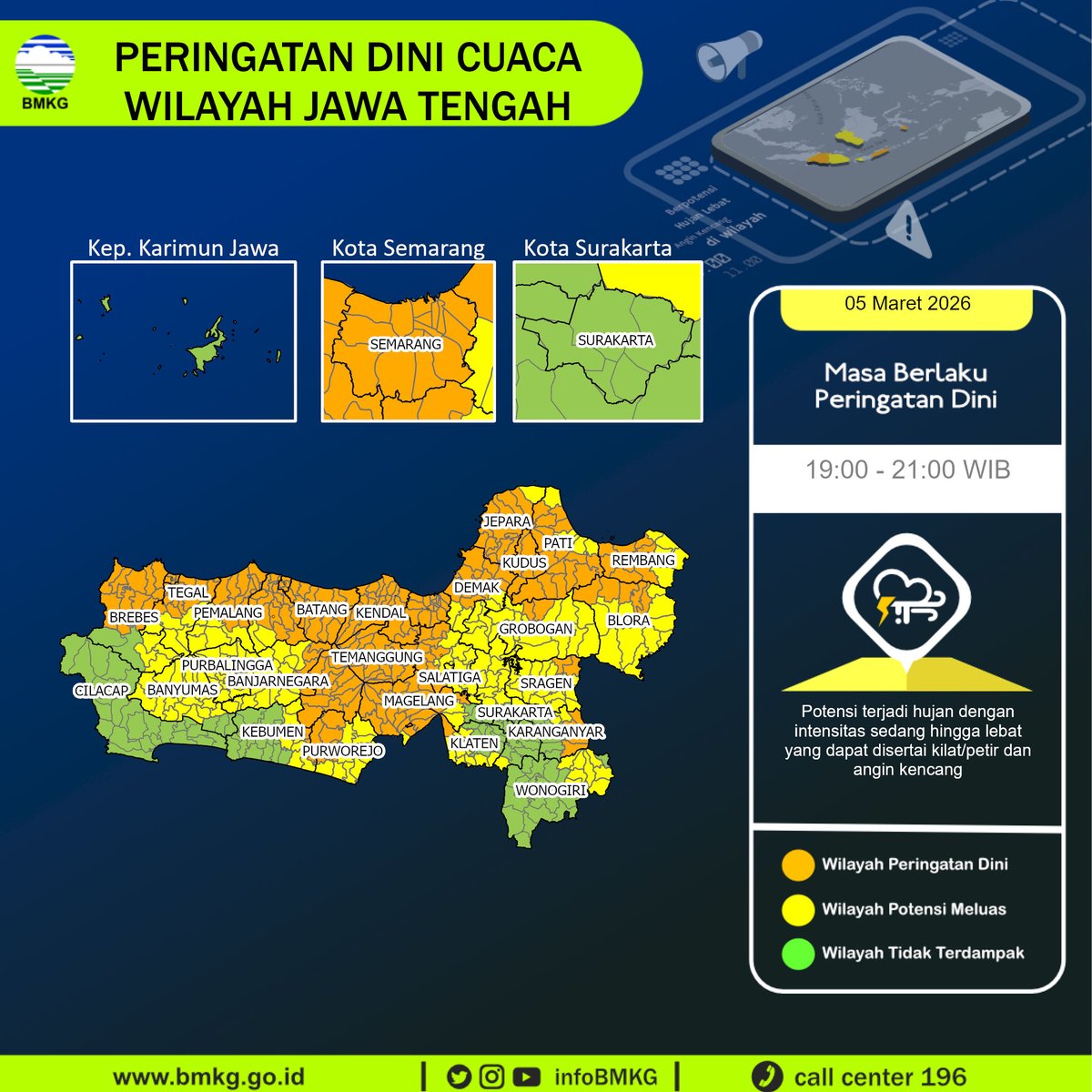 infoBMKG's tweet photo. Update Peringatan Dini Cuaca Wilayah - Jawa Tengah Tgl. 05 Maret 2026 pkl. 19:00 WIB
Prakirawan - BMKG - Jawa Tengah
https://t.co/HK102BL4Lq https://t.co/Zs0uNxPDP6