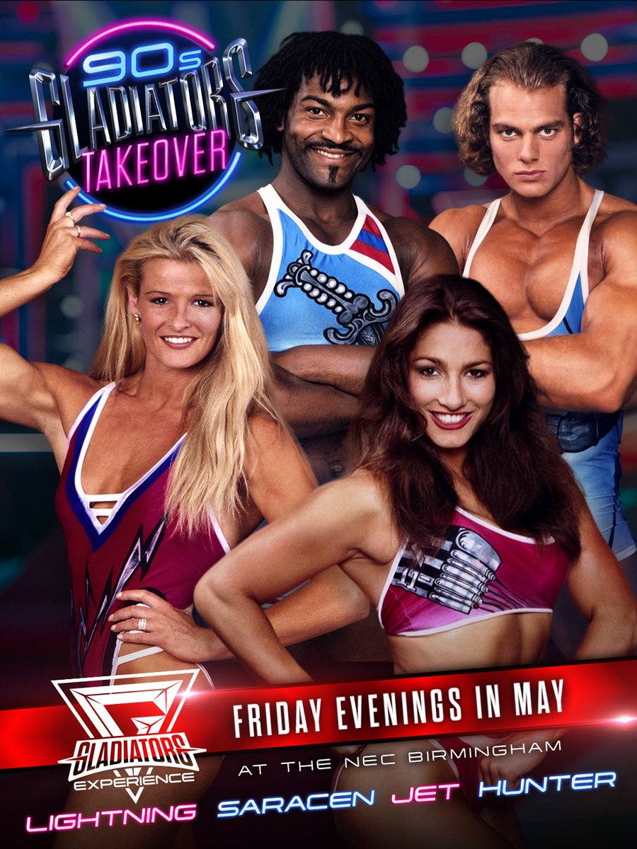 GladiatorsTV's tweet photo. 90s Gladiators fans… this is a big one 👀

Jet, Hunter, Lightning &amp; Saracen are appearing at the Gladiators Experience this May for special 90s Takeover evenings.

📅
8 May – Jet &amp; Hunter
15 May – Lightning &amp; Saracen
22 May – Jet &amp; Lightning

Tickets: https://t.co/PQuCKKmfr1 https://t.co/YxkEytAR9M