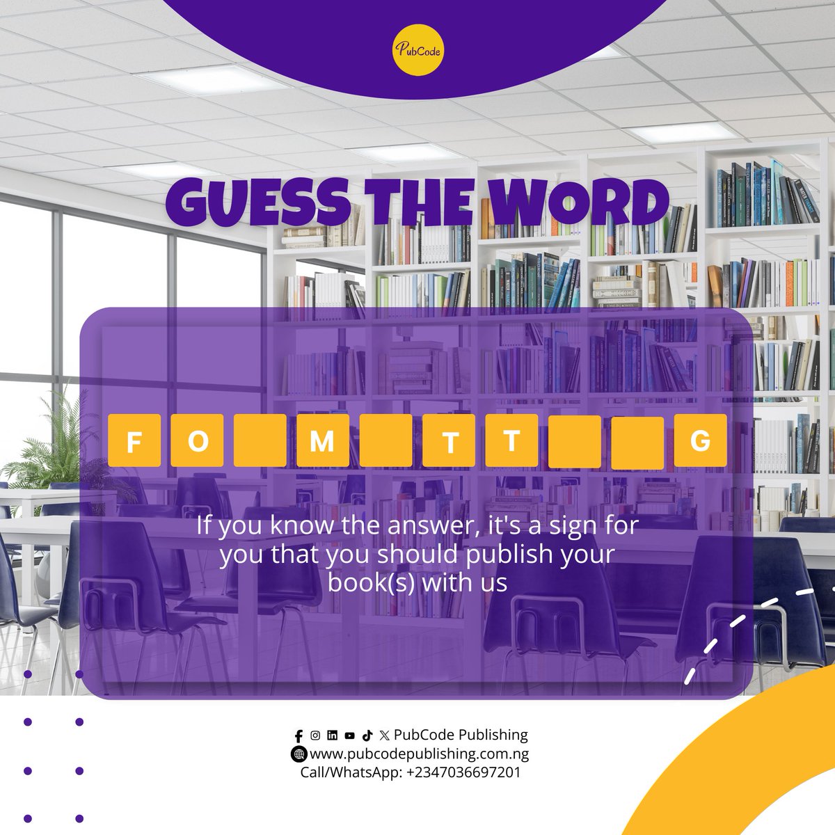 PubCode_Pub's tweet photo. Ready to guess the word?

Let's check the word for the day. Put your answer in the comment section.

Who knows, your guess might be as good as ours.

#bookpublishingservices
#bookpublishersinabeokuta
#bookpublishingcompany
#isbn https://t.co/xoAepQBUSO