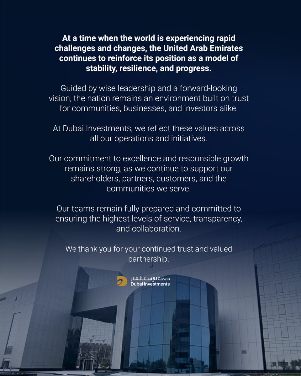 In a time of rapid global change, the UAE continues to stand as a model of stability, resilience, and progress.

At Dubai Investments, our commitment to responsible growth and the communities we serve remains strong.

#DubaiInvestments #DI