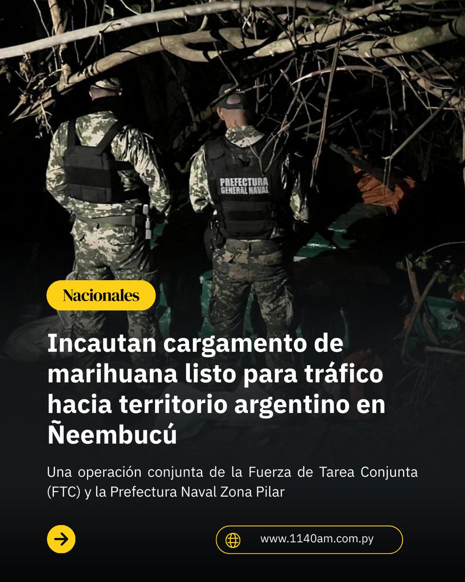 centralradiopy's tweet photo. 🚨 Incautan cargamento de marihuana que iba a ser enviado a Argentina |

📍 Isla Ovecha, Ñeembucú.

Una operación coordinada entre el Comando de Operaciones de Defensa Interna – Fuerza de Tarea Conjunta (FTC) y la Prefectura Naval Zona Pilar, con información del Batallón de Inteligencia Militar, permitió incautar una importante carga de marihuana prensada que estaba lista para ser trasladada a territorio argentino.

👮🏻‍♂️ El procedimiento se realizó mediante un despliegue de efectivos militares en la zona denominada Isla Ovecha, en el distrito de Teniente Martínez, departamento de Ñeembucú.

🚫 Según los reportes preliminares, la droga se encontraba en fase final de preparación para su traslado, por lo que la intervención frustró un presunto plan de tráfico internacional de sustancias ilícitas.

⚖️ Tras asegurar el cargamento, el hecho fue comunicado al Ministerio Público y la evidencia fue trasladada a la base de la FTC Sur.

📌 El pesaje final de la carga fue de 1.180 kilogramos 

ℹ️ Información en desarrollo.

#Seguridad #Ñeembucú #FTC 

#1140AM📻