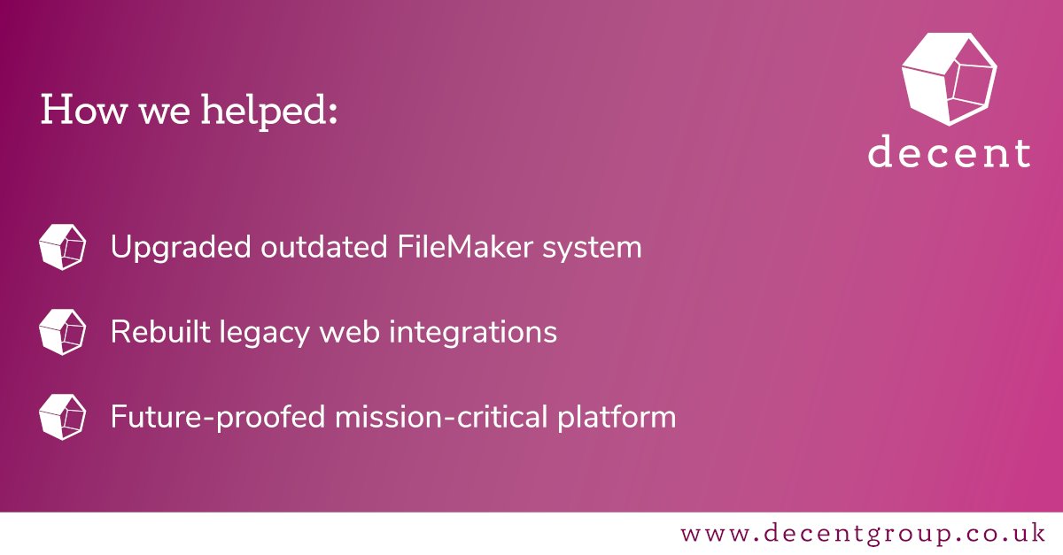 Decent_Group's tweet photo. A top London marketing agency’s #FileMaker system was outdated &amp; tied to a legacy PHP API. We #upgraded their server &amp; rebuilt the #custom web integrations to deliver a modern, stable &amp; future-ready platform. Read how we can help upgrading FileMaker 👉 https://t.co/Rtwu3yM9FT https://t.co/i41gCPhbsW