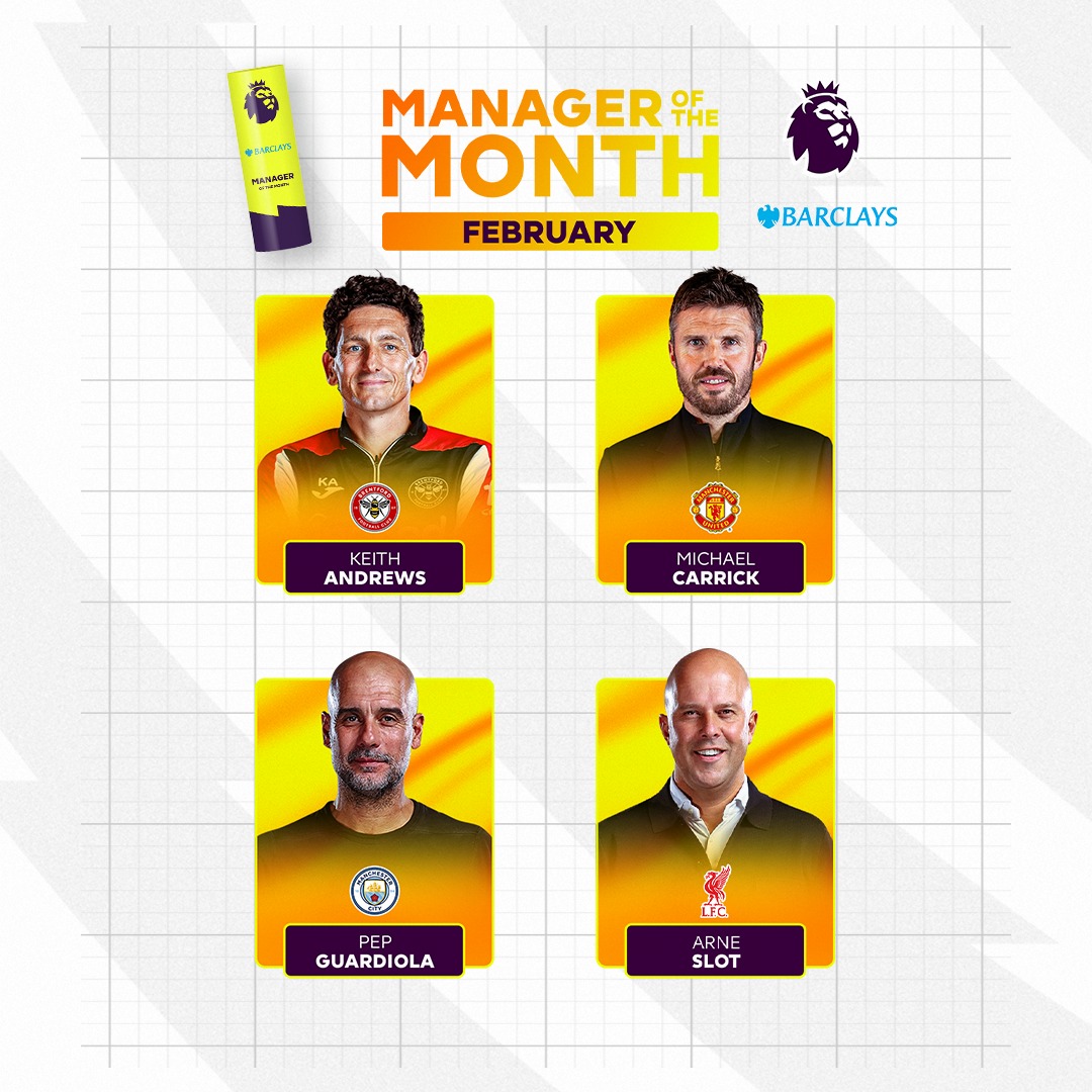 premierleague's tweet photo. 🐝 Andrews
👹 Carrick
🔵 Guardiola
🔴 Slot

Who will you vote for as @BarclaysFooty Manager of Month for February? 👔
