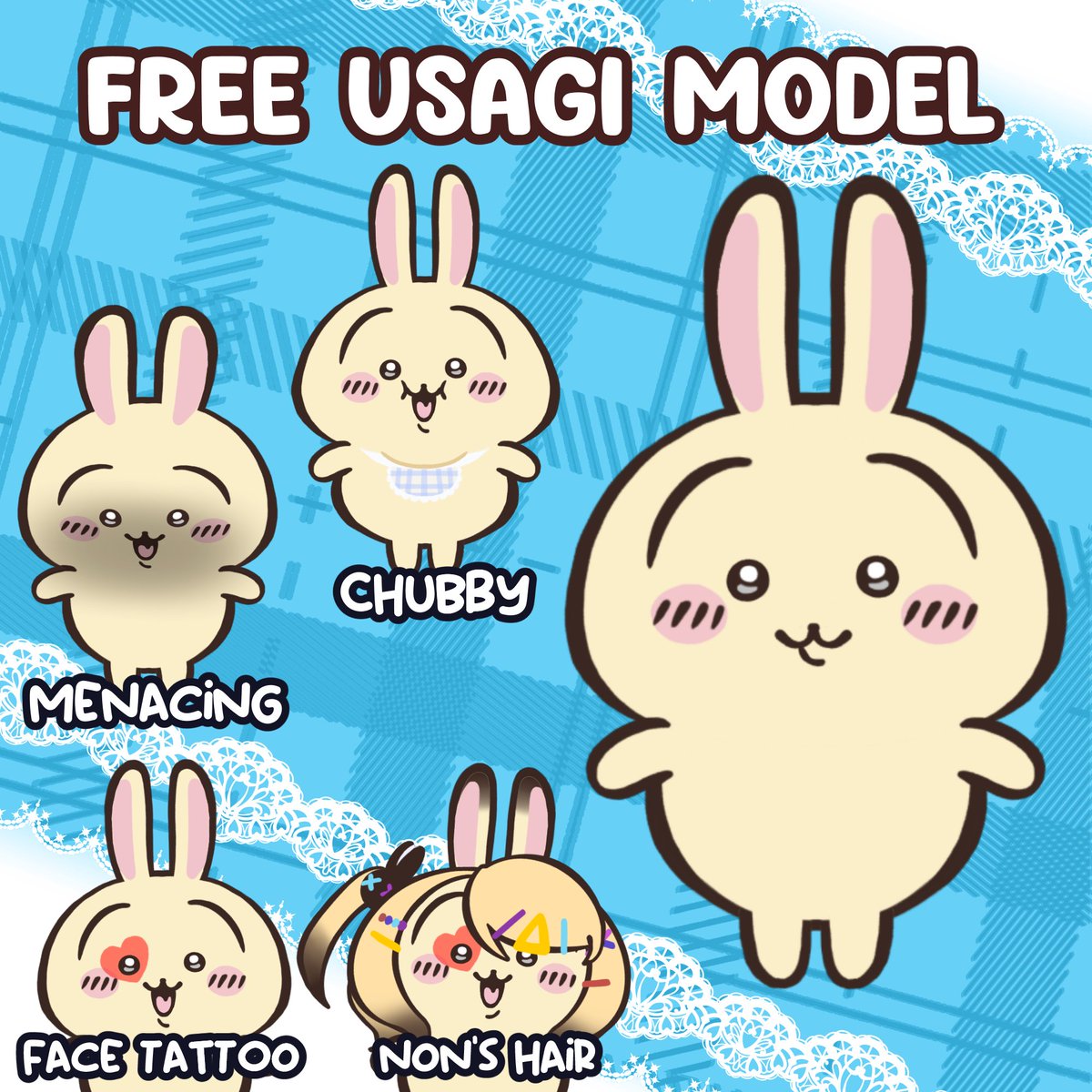 NotNonAnon's tweet image. 💛Free VTuber Model Drop!💛
As promised, here is the FREE Usagi (From Chiikawa) VTuber model!
Comes with a lil chubby toggle, and heart face tattoo.
Have fun causing havoc with this model!

💛Download it here:💛
vgen.co/nonanon/produc…

#VTuberAsset #Live2D #VtuberAssets