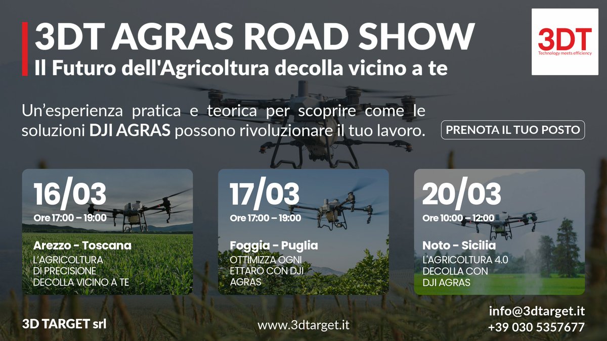 🚁L’Agricoltura 4.0 scende in campo!

Partecipa al 3DT AGRAS ROAD SHOW: scopri dal vivo la potenza dei droni DJI Agras T25, T50 e T100.

✅ Voli dimostrativi 
✅ Analisi dei costi e risparmio reale 
✅ Q&amp;A con esperti

Registrati qui:  forms.office.com/e/6uhS7RQiBR