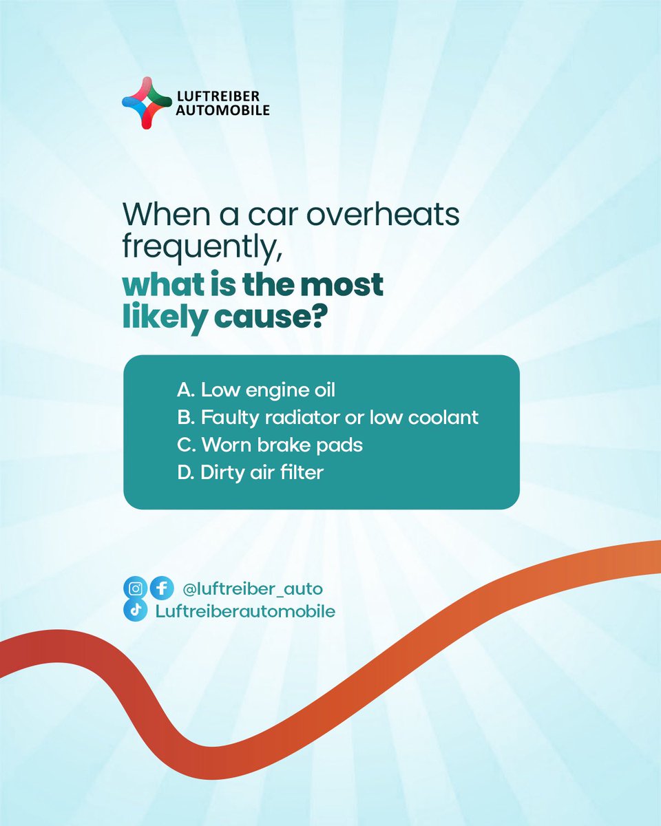 luftreiber_Auto's tweet image. Do you really understand how your car works? Let’s test your knowledge. 👀

Today’s question: When a car keeps overheating, what is the most likely cause?

Drop your answer A, B, C, or D in the comments.

#CarMaintenance #AutoCare #CarQuiz #LuftreiberAutomobile #CarTips