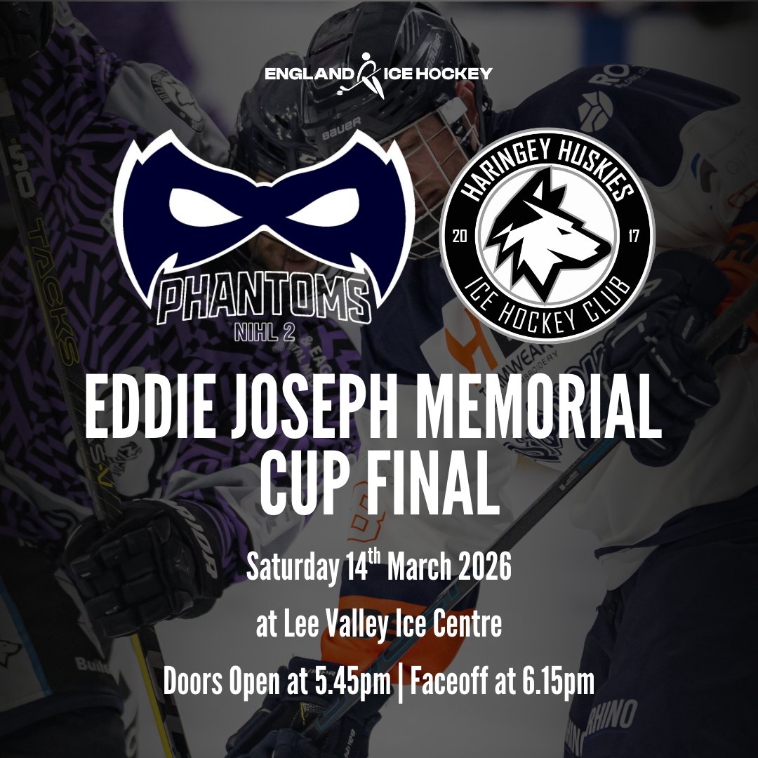🏆Eddie Joseph Memorial Cup Final 🏆

<a href="/nihl2phantoms/">Peterborough NIHL2 Phantoms</a> v <a href="/HaringeyHuskies/">Haringey Huskies IHC</a> 
🎟️ Tickets now on sale:👉eih.ticketco.events/.../eddie_jose…...
🕔 Doors 5:45pm | 🏒 Faceoff 6:15pm
🚫 No on-site parking | 🎟️ Online only
#EddieJoseph #EJMC #PPvHH #EIHEvents