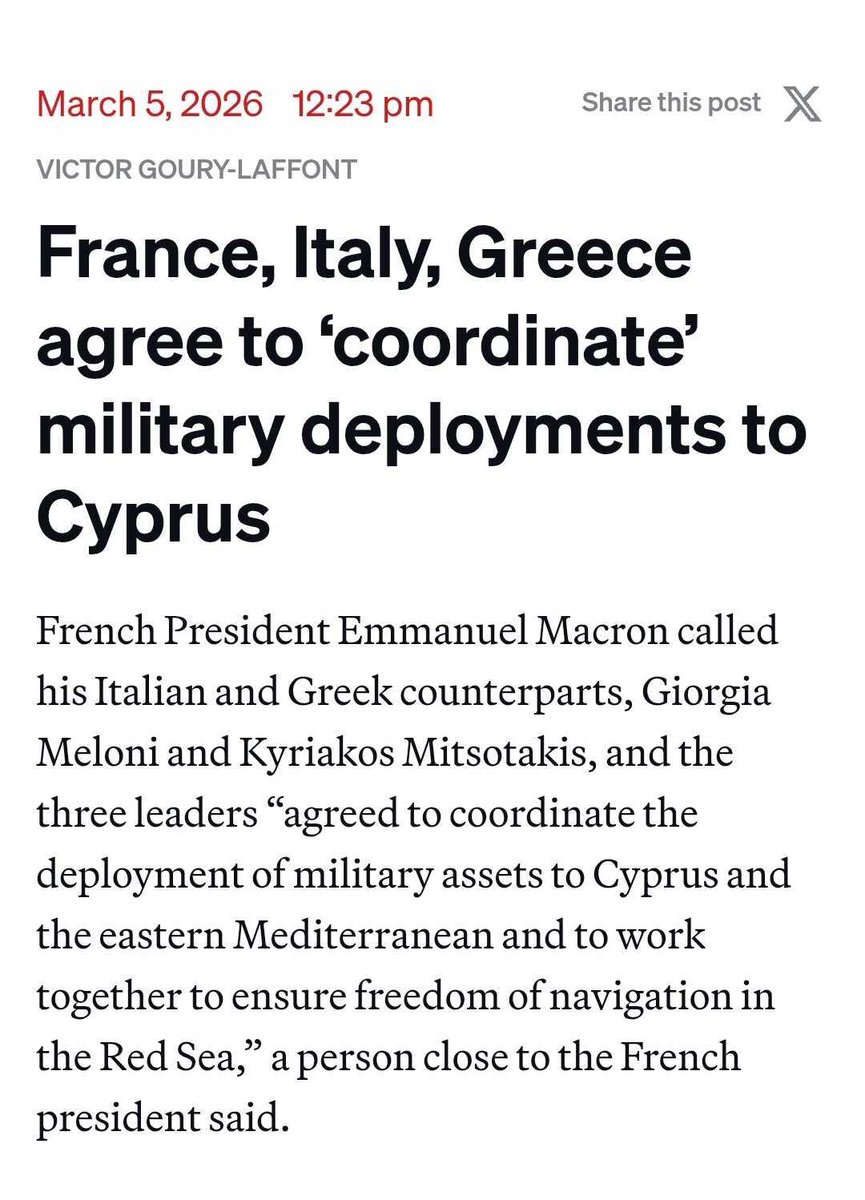 POLITICOEurope's tweet photo. France, Italy and Greece have agreed to "coordinate" their military deployment to Cyprus, a person close to the French president told POLITICO.

Our latest coverage of the war in the Middle East: https://t.co/dMAXvKoNBD https://t.co/FkiDNDQlnN