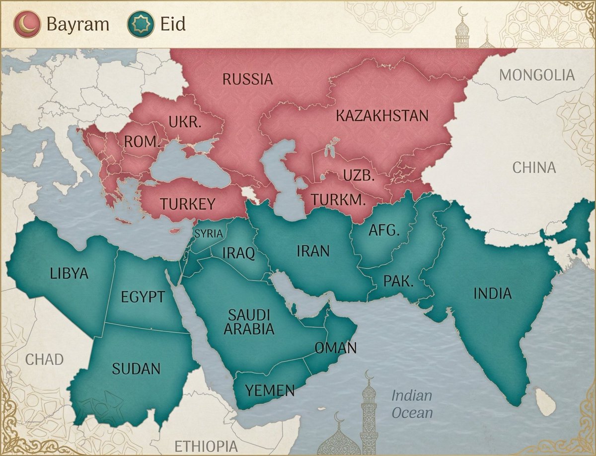 ThxNumerophile's tweet photo. Countries l using Bayram:

🇷🇺 Russia 
🇰🇿 Kazakhstan 
🇺🇿 Uzbekistan 
🇹🇲 Turkmenistan 
🇺🇦Ukraine (UKR.)
🇷🇴 Romania (ROM.)
🇹🇷 Turkey 

Countries  using Eid:

🇱🇾 Libya 
🇪🇬 Egypt 
🇸🇩 Sudan 
🇸🇦 Saudi Arabia
🇾🇪 Yemen 
🇴🇲 Oman 
🇮🇶 Iraq 
🇮🇷 Iran
🇦🇫 Afghanistan (AFG.)
🇵🇰 Pakistan (PAK.)
🇮🇳 India