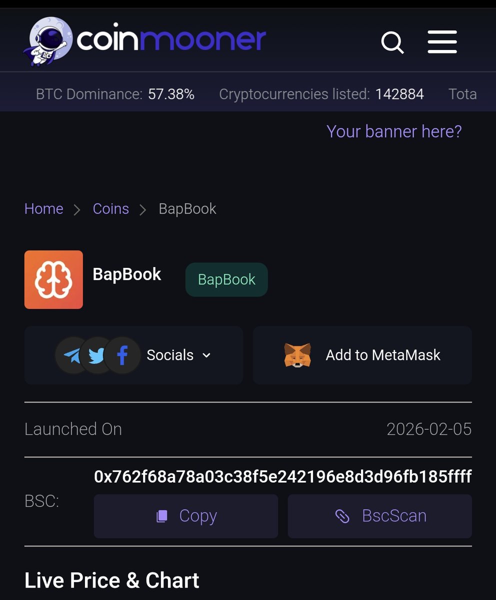 LISTING UPDATE 📢🔥

$BapBook Token has officially listed on <a href="/CoinMoonerX/">CoinMooner</a> 

coinmooner.com/coins/bapbook-…

#BNB #Binance <a href="/Bap_Book/">BapBook</a>