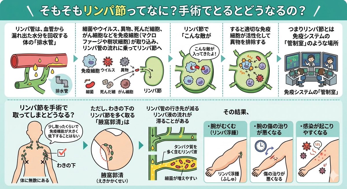 dr_breacan's tweet photo. 【#乳がん1分知識】#86

『そもそもリンパ節ってなに？手術でとるとどうなるの？』

リンパ管は、血管から漏れ出た水分を回収する
体の「排水管」です。

体の中に
細菌やウイルス、異物、寿命を迎えた細胞、
あるいはがん細胞などが現れると、

それらを免疫細胞（マクロファージや樹状細胞）が取り込み、
リンパ管の流れに乗ってリンパ節へ運びます。

そしてリンパ節で

「こんな敵が入ってきたよ！」

という情報を共有します。

すると適切な免疫細胞が活性化され、
その異物を排除する仕組みが働きます。

つまりリンパ節とは
免疫システムの「管制室」のような場所なのです。

では、リンパ節を手術で取ってしまうと
何が起きるのでしょうか。

リンパ節は体に無数にあるため、
少し取ったくらいでは免疫機能が大きく低下することはありません。

しかし、わきの下のリンパ節を多く取る
「腋窩郭清」を行うと話が変わります。

リンパ管の行き先が減るため、
リンパ液の流れが滞ることがあります。

リンパ液はタンパク質を多く含むため、
うっ滞すると細菌が増えやすい環境になります。

その結果、

・腕がむくむ（リンパ浮腫）
・腕の傷が治りにくくなる
・感染（蜂窩織炎など）が起こりやすくなる

といったことになるのです。

数年前まで、リンパ節郭清は全ての乳がん患者さんに行われていました。
しかし、
リンパ節郭清が必要な人とそうでない人を見極めるために開発されたのが、
"センチネルリンパ節生検"という選択肢だったんですね。

#乳がん
#乳がん治療
#はたらく細胞