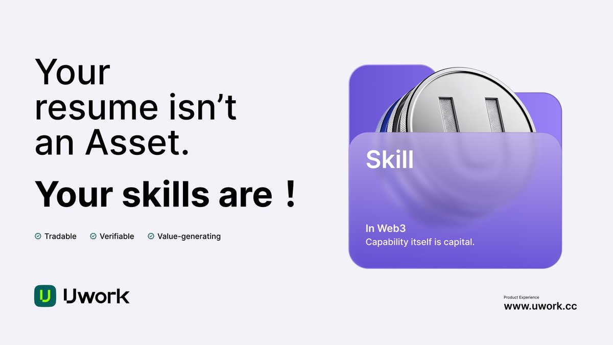 Uwork_Office's tweet image. Your resume isn’t an asset.
Your skills are. 💎
Real assets are:
✔ Tradable
✔ Verifiable
✔ Value-generating
In Web3, capability is capital.
#Web3Jobs #Freelancer #Talent #CryptoJobs