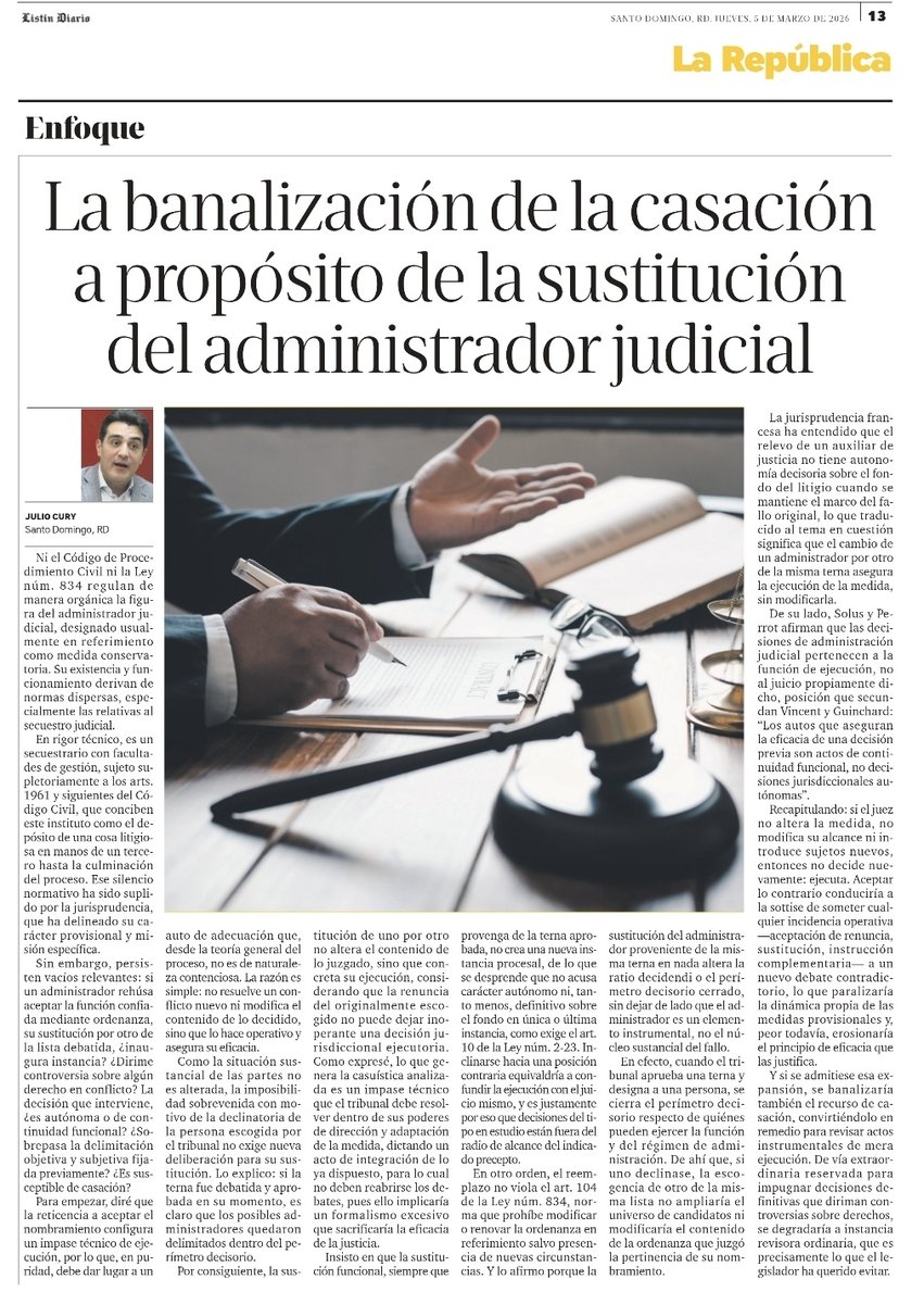 La casación no ha sido pensada para revisar actos instrumentales de ejecución. Si se admitiese para eso, se degradaría a una tercera instancia, banalizándosele.
Hoy lo explico en esta entrega para el <a href="/ListinDiario/">LISTÍN DIARIO</a>.