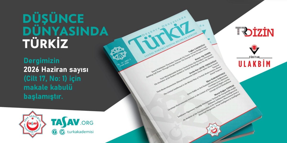 TurkAkademisi's tweet photo. #TRDİZİN tarafından taranmakta olan ulusal hakemli sosyal bilimler dergimiz Düşünce Dünyasında Türkiz’in yeni sayısı (Haziran 2026, Cilt 17 Sayı 1) için makale kabulü devam etmektedir. 

#TASAV https://t.co/eAFJl0fVFP