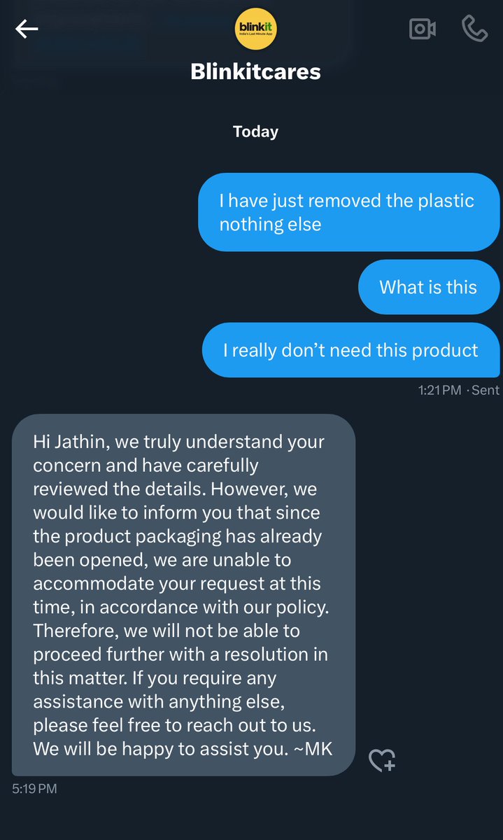 jathin_JGD's tweet photo. @blinkitcares By saying the same reply is not addressing my concern @letsblinkit @deepigoyal https://t.co/W502neAlC7