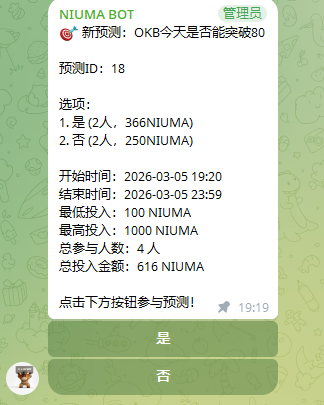 🚀 NIUMA TG 市场预测功能上线！ 🔮

NIUMA社区先行测试，体验全新玩法：发起预测 → 参与押注 → 等结算 → 社区裁决异议！
异议处理更公平，社区真正掌握规则！
后续将向合作社区开放，合作社区也能一起玩起来 
📋 怎么玩
1️⃣ 发起预测：贡献值>3级，行为分>5
群里发送「发起预测」，私信获取指令 →