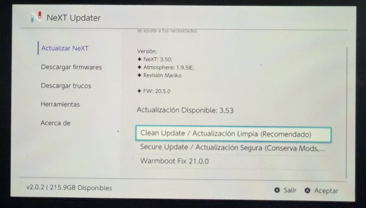 rosmander's tweet photo. ⁦@Vampitech⁩ sabes por si le doy a actualizar mi versión de next para subir posteriormente mi versión de switch no funciona?, le doy a la tecla A pero no hace nada. Puedes orientarme? Gracias. https://t.co/ewkgCfgEep