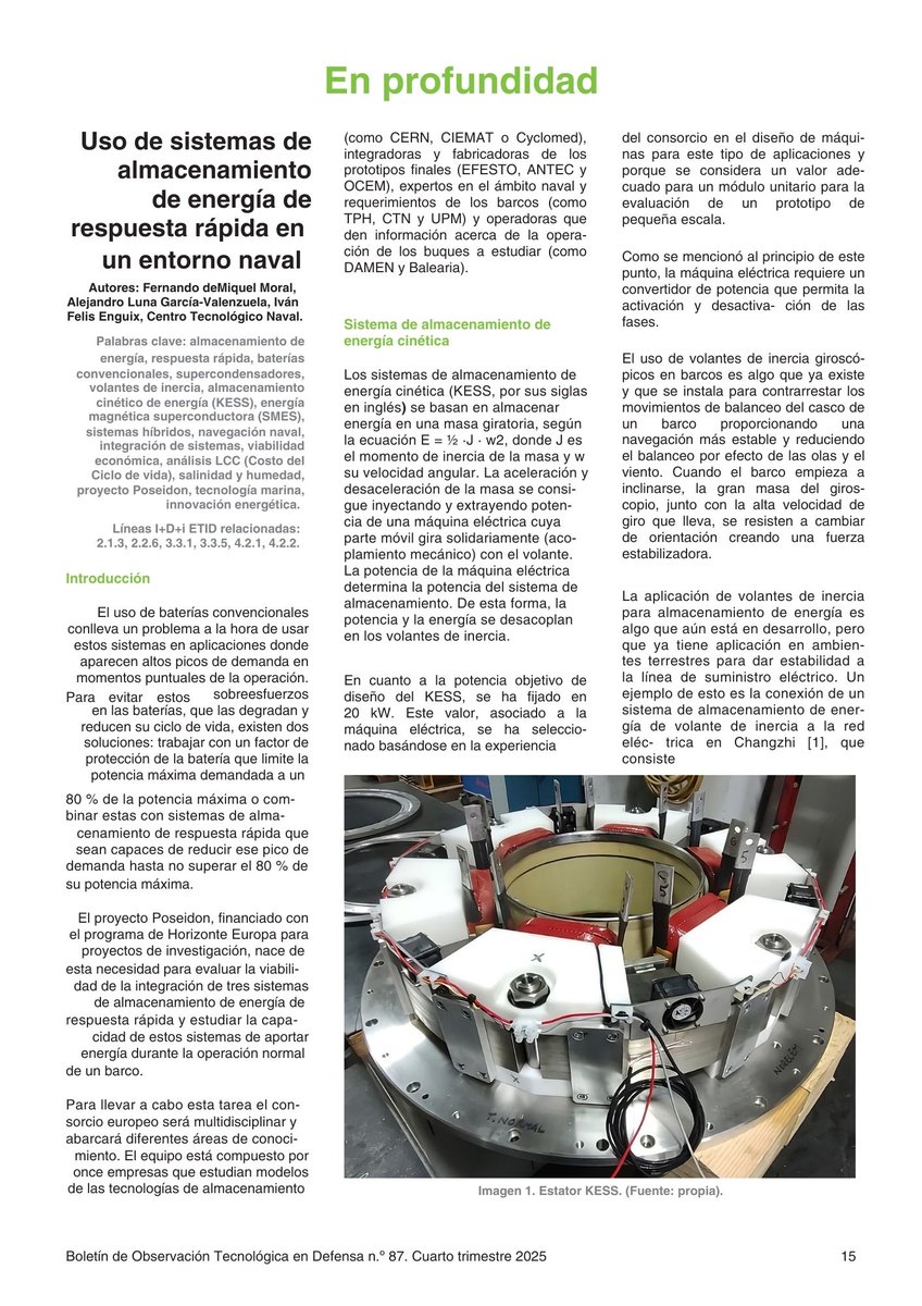 Poseidon_ep's tweet photo. Good to see research from our partner @CTNNaval featured in the specialised newsletter "Observación Tecnológica en Defensa".

#POSEIDONproject #EnergyStorage #MaritimeInnovation https://t.co/FTVnSBqb61