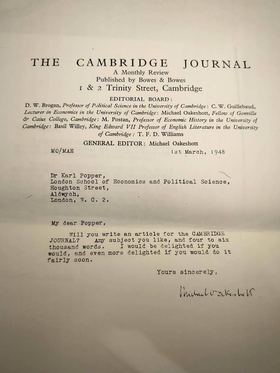 As <a href="/MateusMBruno/">Mateus Martins Bruno ⚓️♰☧𒂼𒄄</a> asked, the life of an editor didn't really change between today and the fifties (as one could guess). Here you find Oakeshott chasing Popper.