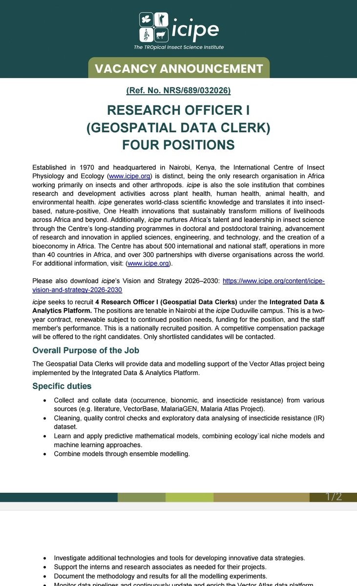 Kenya 🇰🇪 Geospatials,
ICIPE <a href="/icipe/">icipe</a>, ile iko pale Kasarani inatafuta Geospatial Data Officer na 4 Geospatial Data Clerks. Chungulia their website for details. 
All the Best.