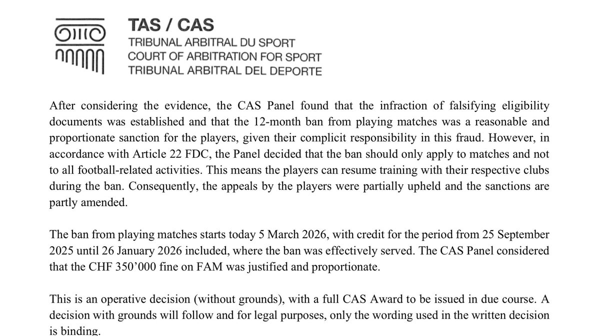 GAME OVER
FAM &amp; 7 Pemain didapati bersalah dalam jenayah penipuan dokumen oleh CAS.