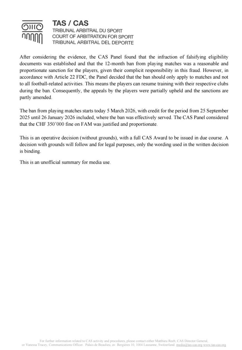 Media Release

CAS putuskan pemalsuan dokumen berlaku &amp; penggantungan perlawanan terhadap 7 pemain &amp; denda terhadap <a href="/FAM_Malaysia/">FA Malaysia</a> adalah munasabah.

Penggantungan 7 pemain tersebut dari bermain aksi rasmi bersambung 5 Mac 26 namun boleh berlatih bersama kelab masing2.

Khalas!