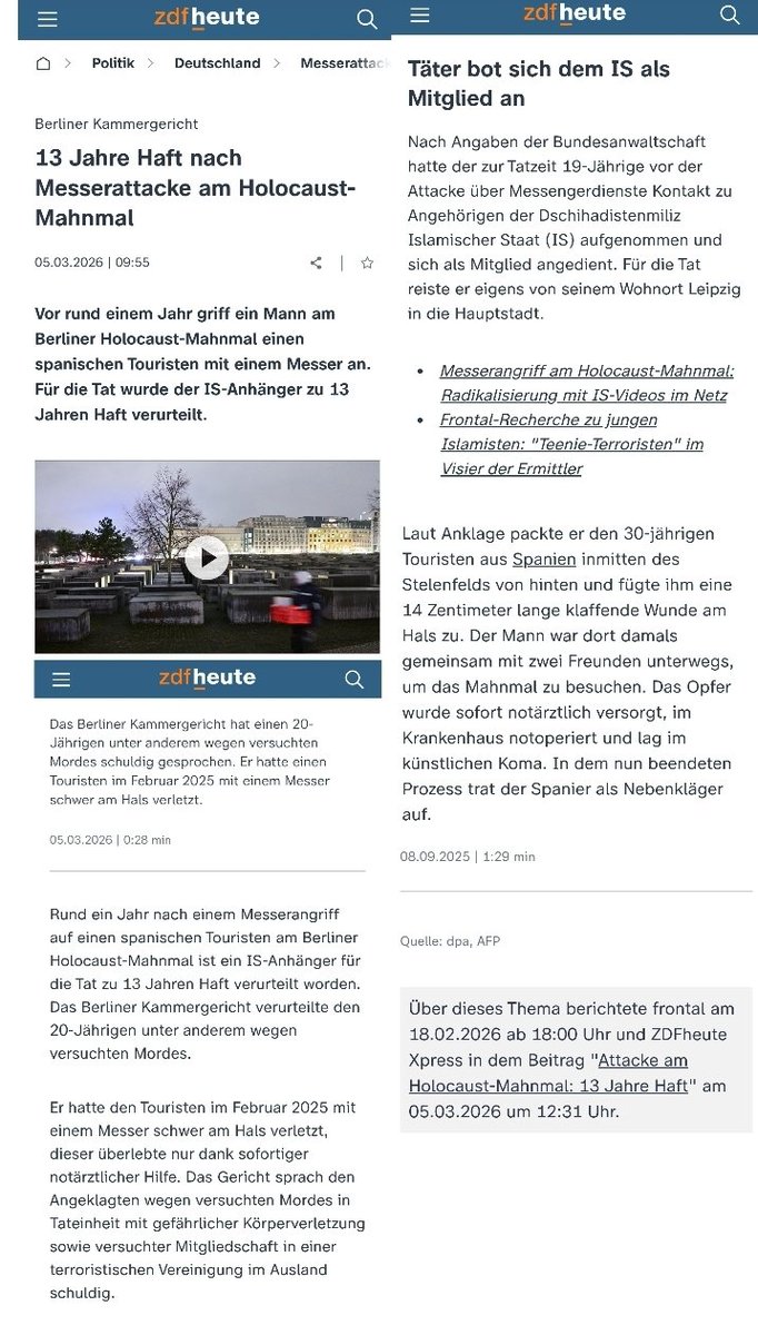.@zdfheute berichtet darüber, dass "ein Mann" wegen einer Messerattacke am Holocaust Mahnmal verurteilt wurde. Dass es sich dabei um einen Syrer handelt, verschweigt das ZDF. #OerrBlog