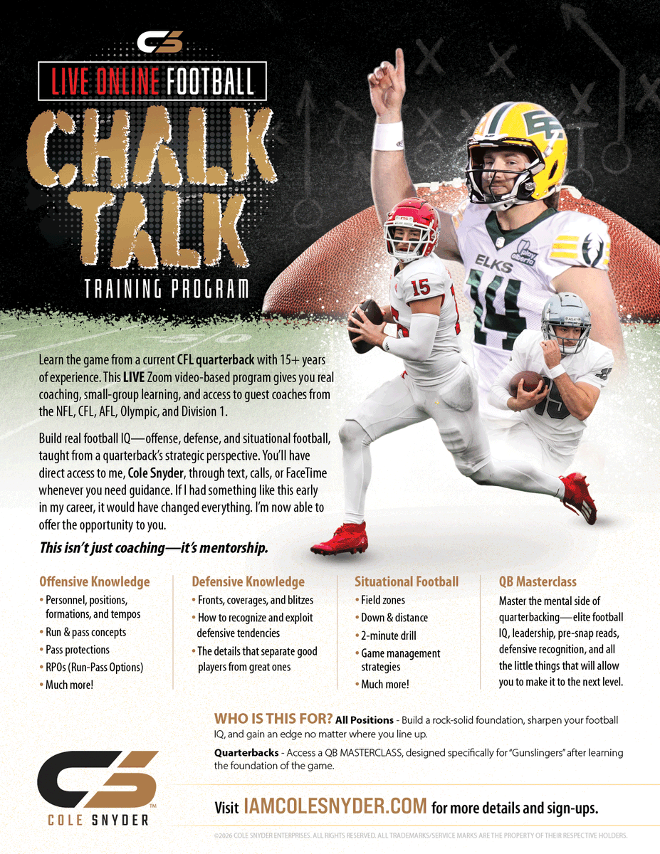 iamcolesnyder's tweet photo. Learn Football Through a Pro QB’s Eyes — Chalk Talk Registration Live⚡️

https://t.co/5BVZeEmnJs

#cecretsauce #qbtraining #coaching https://t.co/c47gx7TYzf