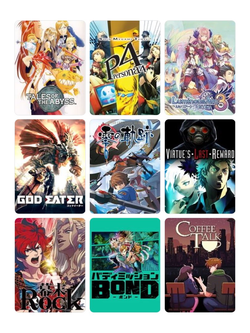 遊んだ順！　半分くらい二次創作してる。あとTOAの前に転生學園幻想録！！
#My9Games #私を構成する9つのゲーム
my9games.com