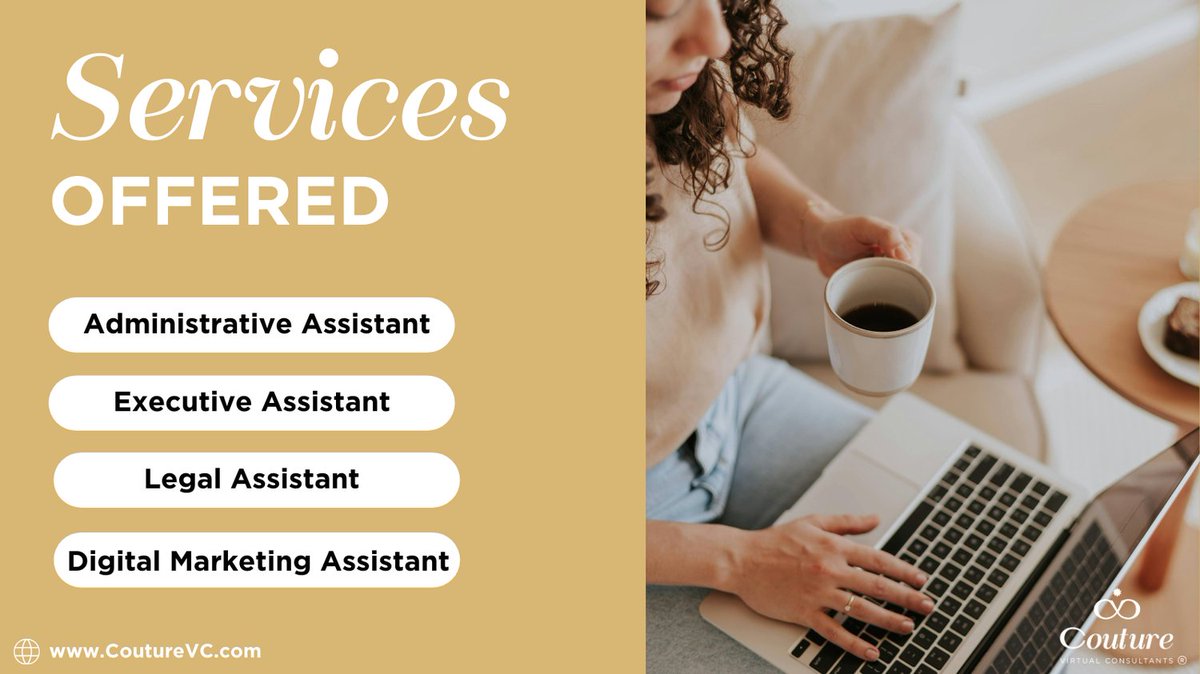 Couture Virtual Consultants offers a wide variety of services for small businesses, nonprofits and law firms. We have flexible plans for every business size and budget. 

Your business is unique and will tailor a plan to fit your needs.

🌐 CoutureVC.com