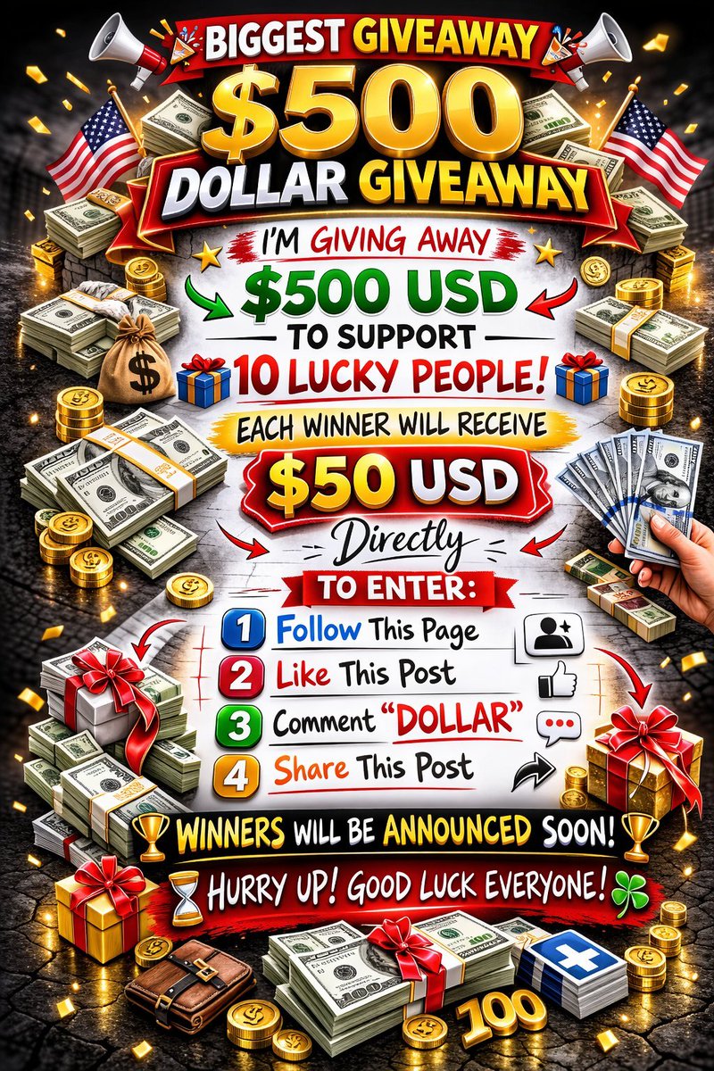 🎉$500 DOLLAR GIVEAWAY🎉

I’m giving away $500 USD to support 10 lucky people

Each winner will receive $50 USD directly.

No tricks. No hidden terms. Just pure support

To enter:
1️⃣ Follow this page
2️⃣ Like this post
3️⃣ Comment "DOLLAR"
4️⃣ Share this post

Good luck everyone 🍀