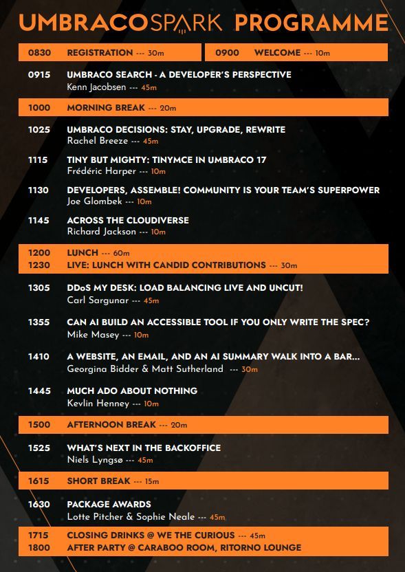 umbracospark's tweet photo. 🔥 The Umbraco Spark 2026 programme is LIVE! 

Talks ✔️
Timings ✔️
Your game plan for the day ✔️

Check it out  👇
https://t.co/Eo2KQHxnlV 

#UmbracoSpark #Umbraco https://t.co/gLR44Cjwis